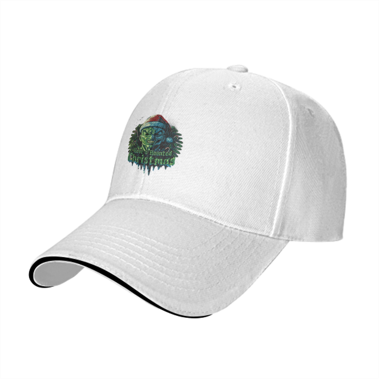 Black Baseball Cap With Haunted Christmas Monster Santa Design