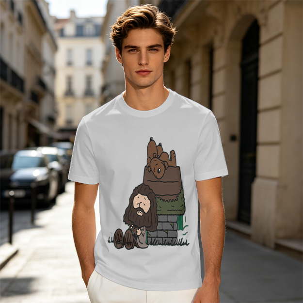 Olive T-Shirt With Cartoon Bearded Man And Doghouse Print