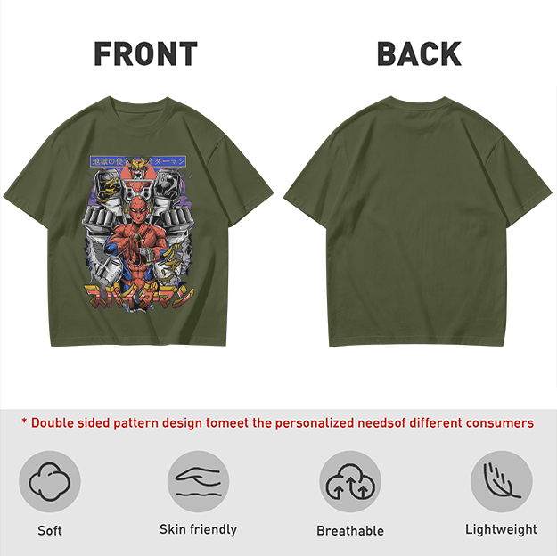 Olive T-shirt with Japanese Spider-Man Mech Graphic Print