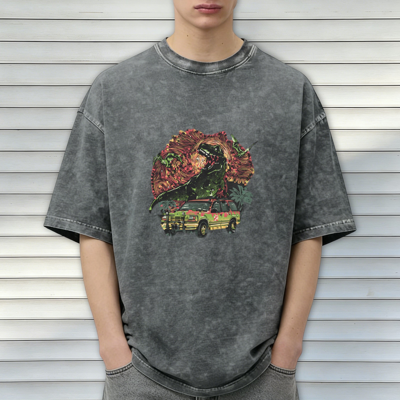 Washed Black T-Shirt with Dinosaur SUV Graphic Print