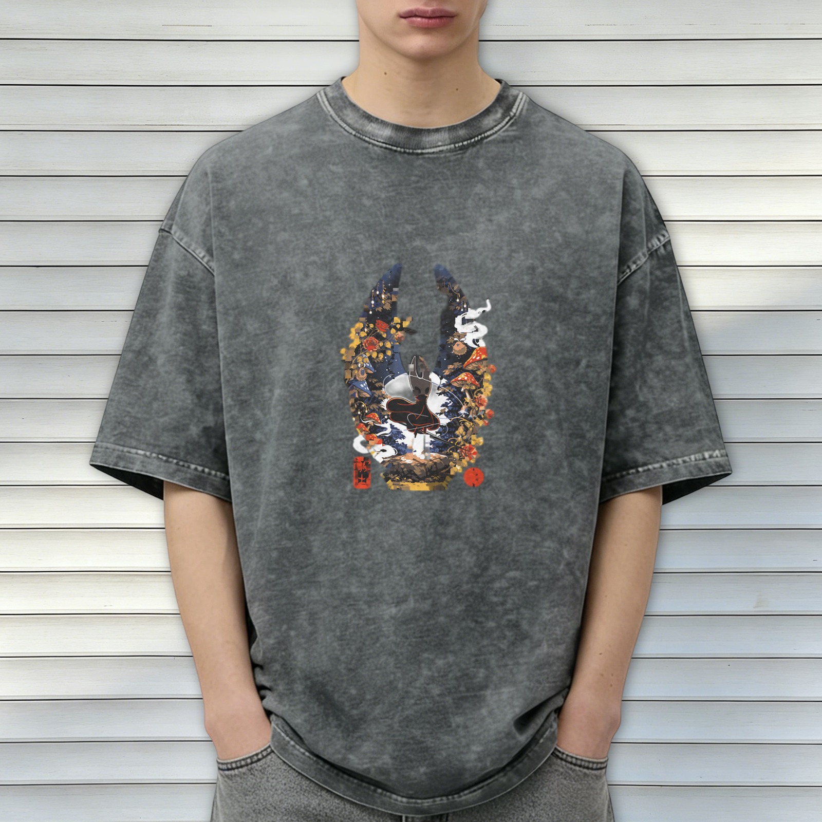 Washed black graphic t-shirt with fantasy mushroom and insect warrior design