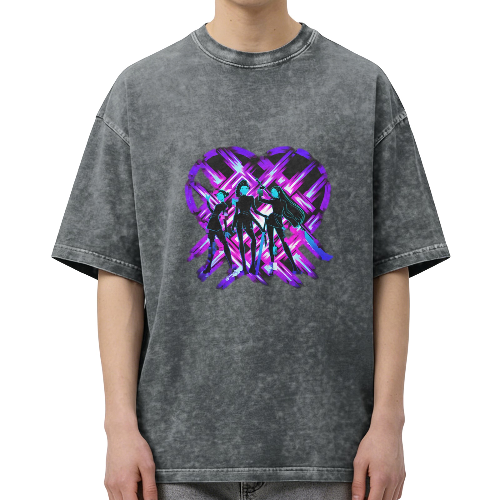 Washed Black T-Shirt with Neon Purple Heart and Three Stylized Figures Graphic