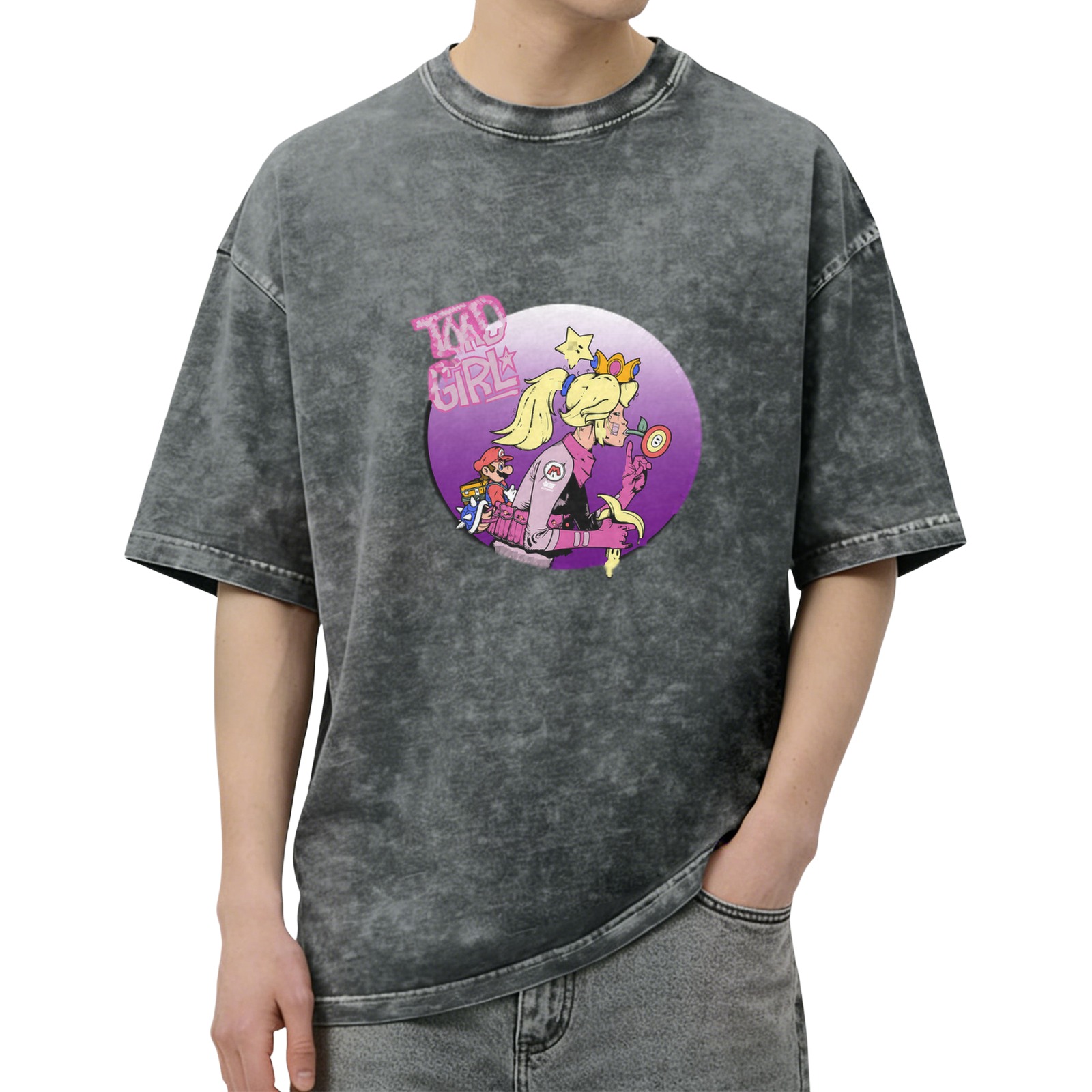 acid wash t-shirt with mario kart princess peach graphic
