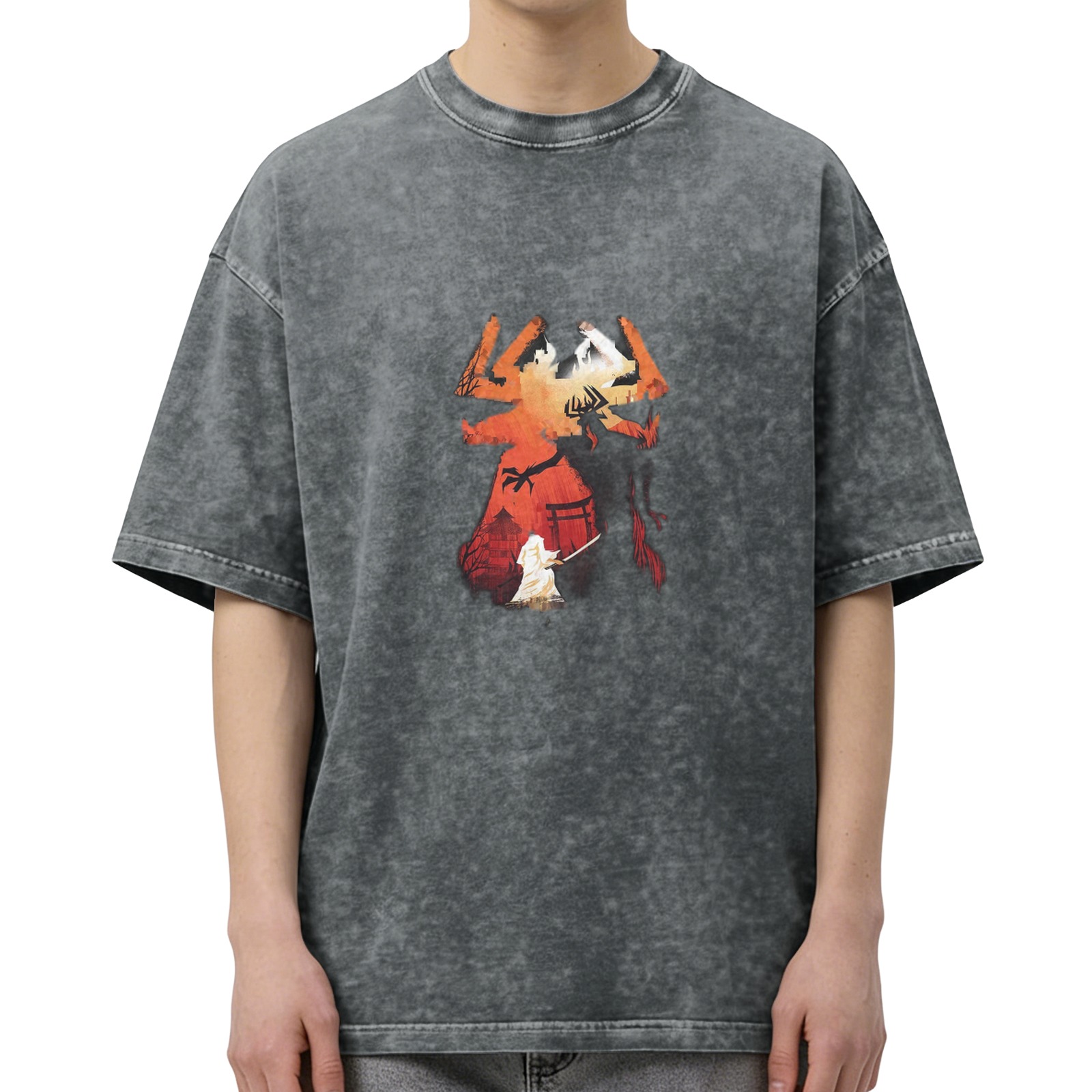 Distressed washed Darth Vader themed printed short-sleeved T-shirt