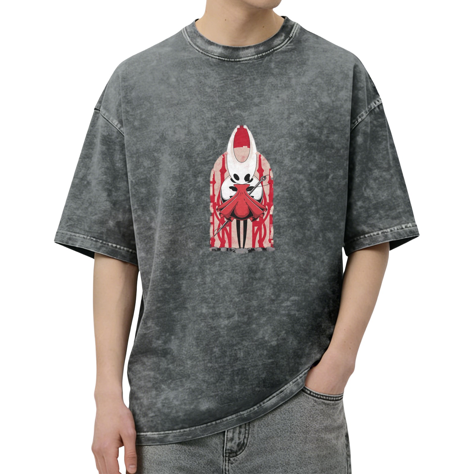 Hollow Knight themed distressed washed black loose short-sleeved T-shirt
