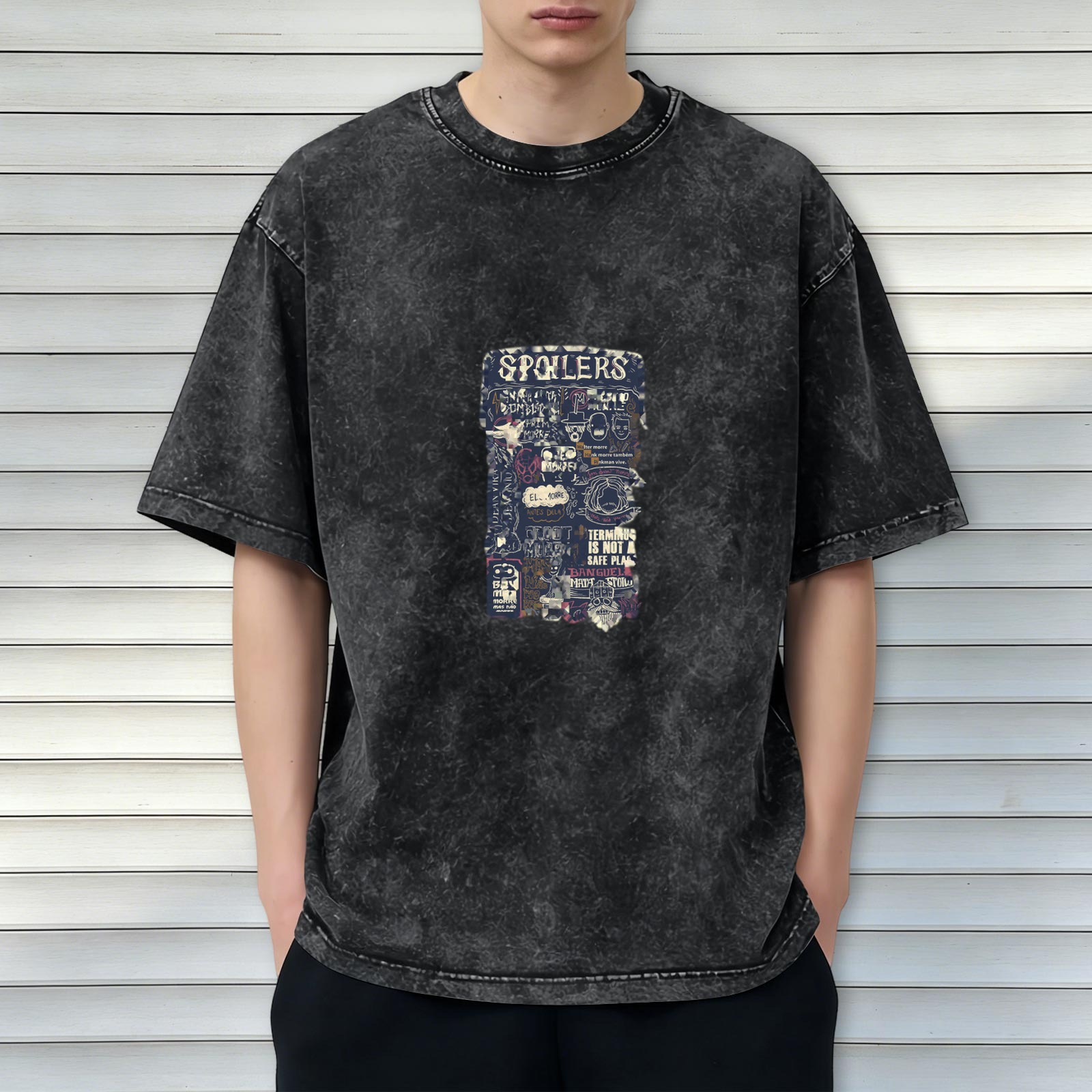 Washed black graphic t-shirt with 'SPOILERS' themed print