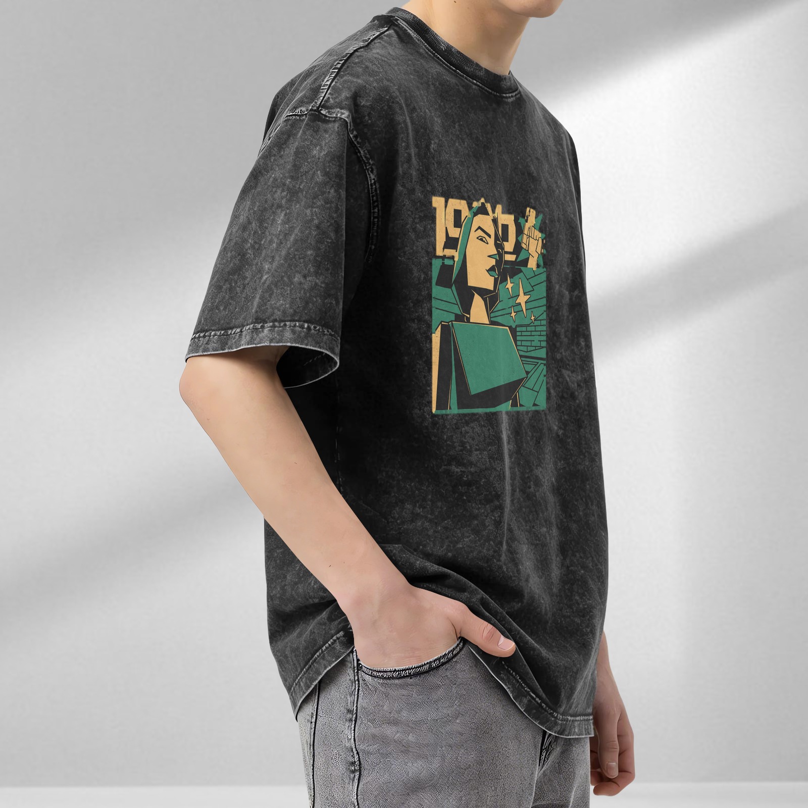 Oversized Acid Wash T-Shirt With Retro Propaganda Style Graphic Print