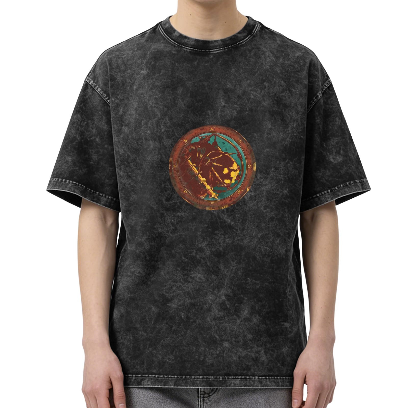 Distressed washed black round neck short-sleeved T-shirt Retro distressed style circular pattern printed top