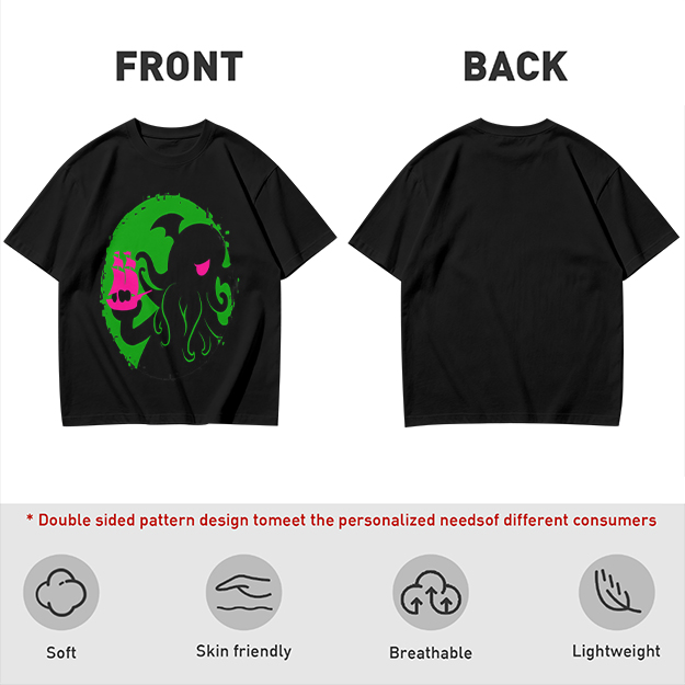 Olive T-Shirt With Cthulhu Holding Pink Ship Graphic Print