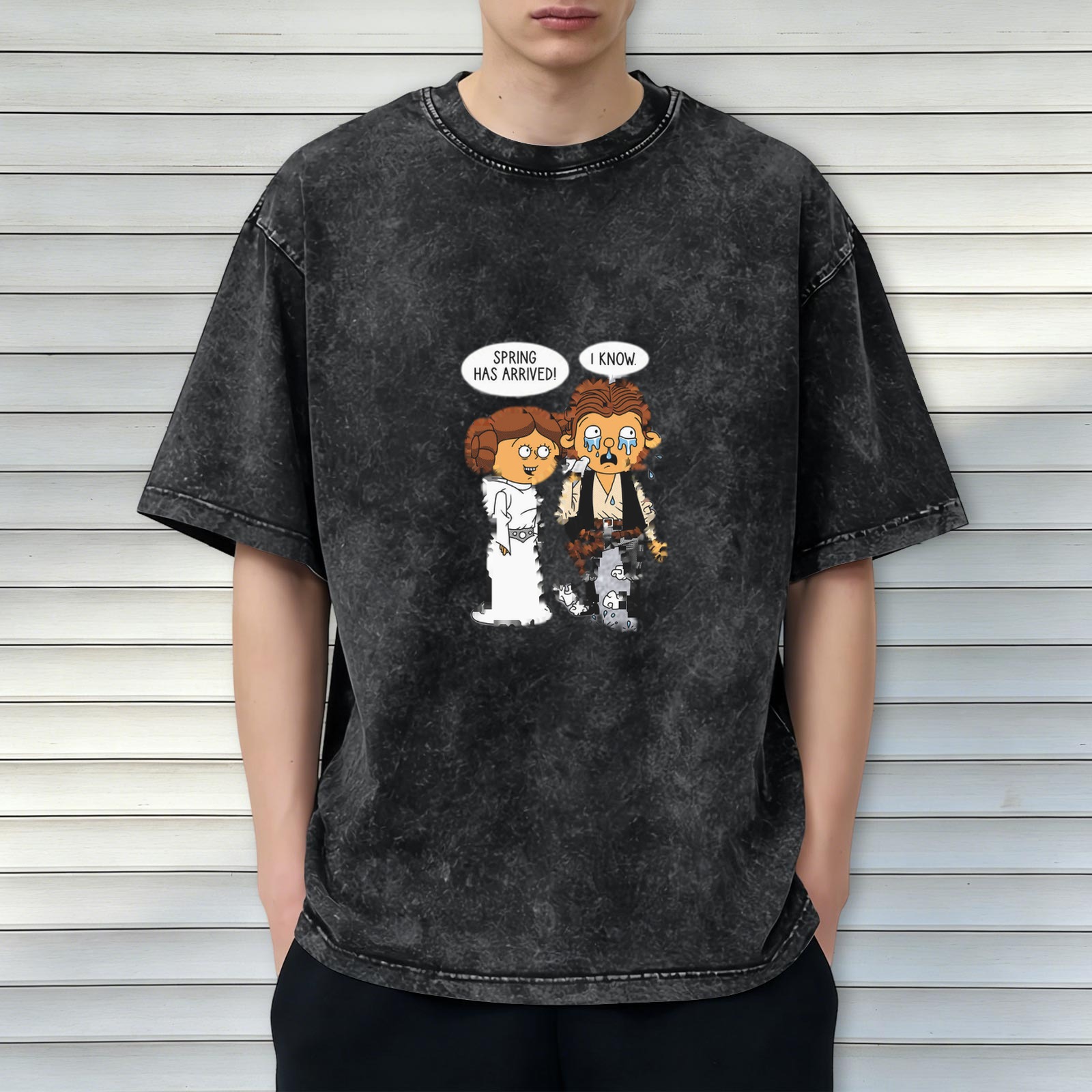 Washed Graphic T-Shirt with Star Wars Parody Spring Arrival Quote