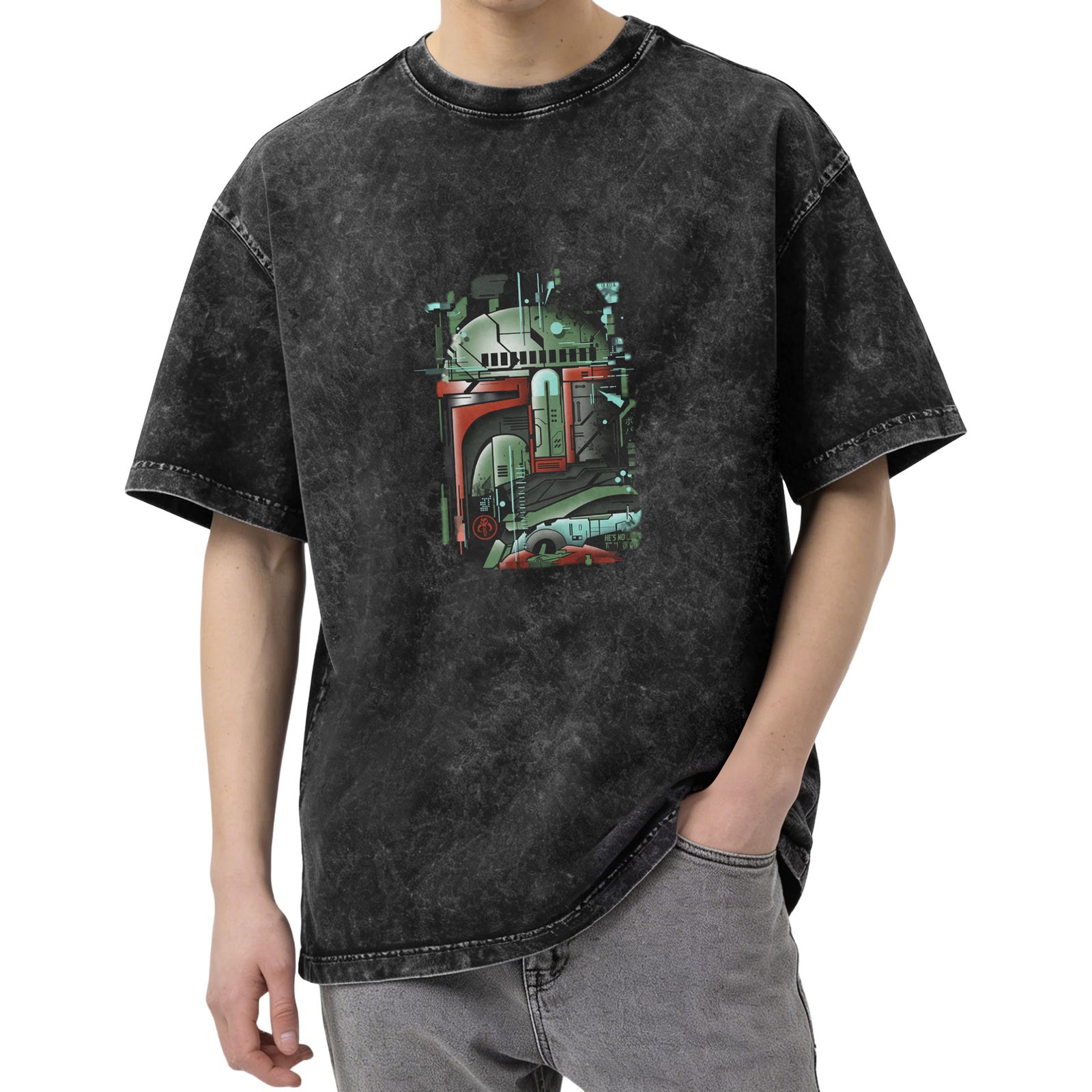 Star Wars Boba Fett Helmet Graphic Oversized Stone Wash T-Shirt