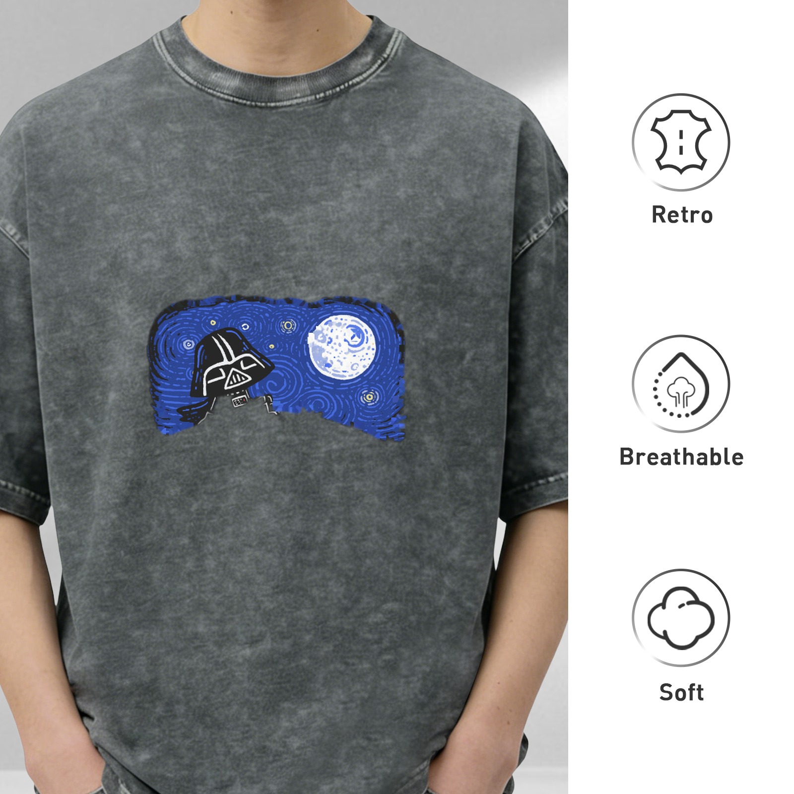 Washed black t-shirt with Darth Vader and Death Star graphic