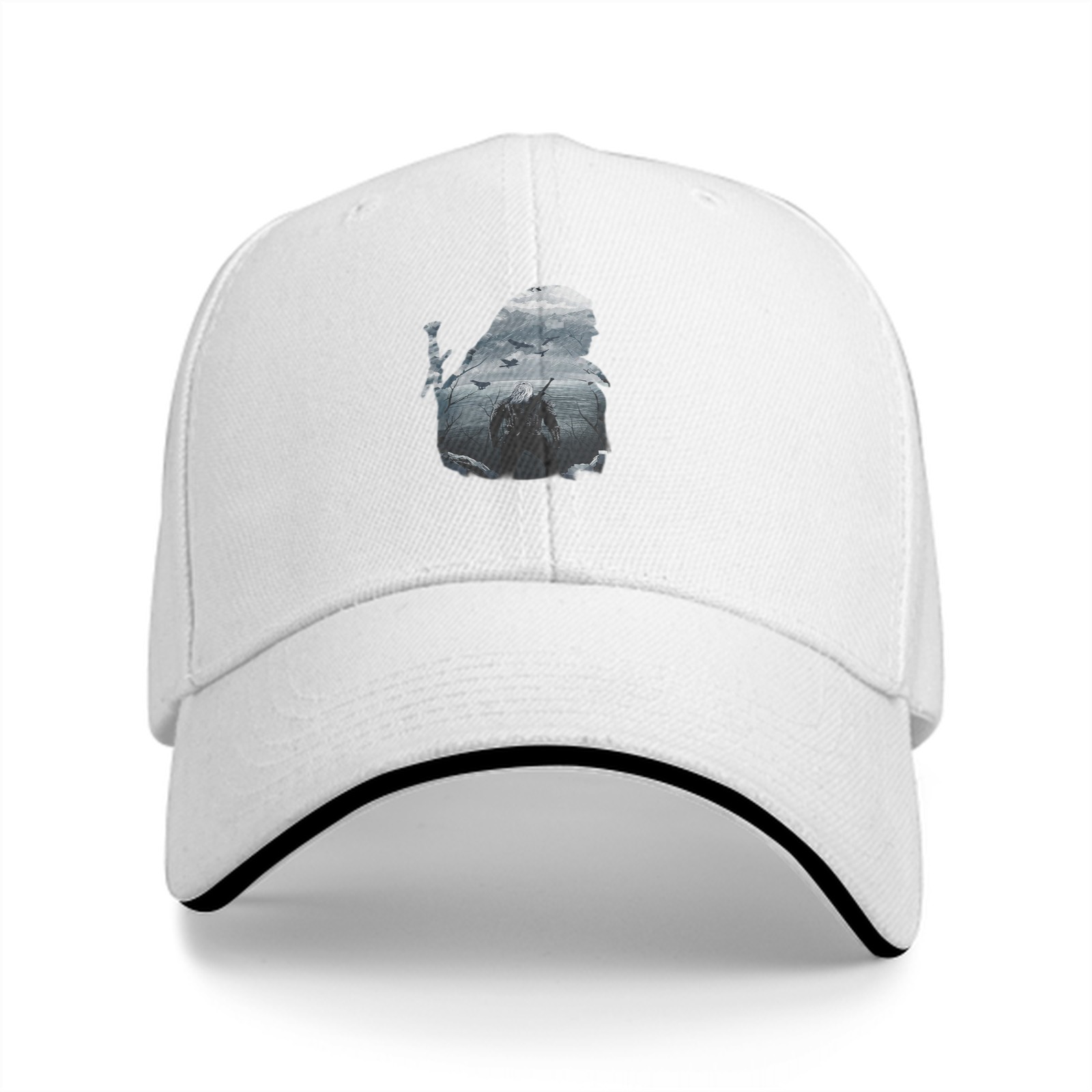 Black baseball cap with hooded warrior silhouette graphic