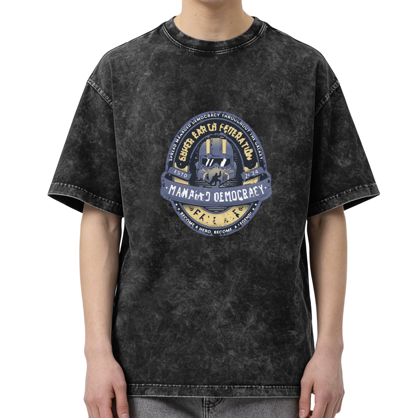 Oversized Washed Black T-Shirt With Helldivers Managed Democracy Emblem