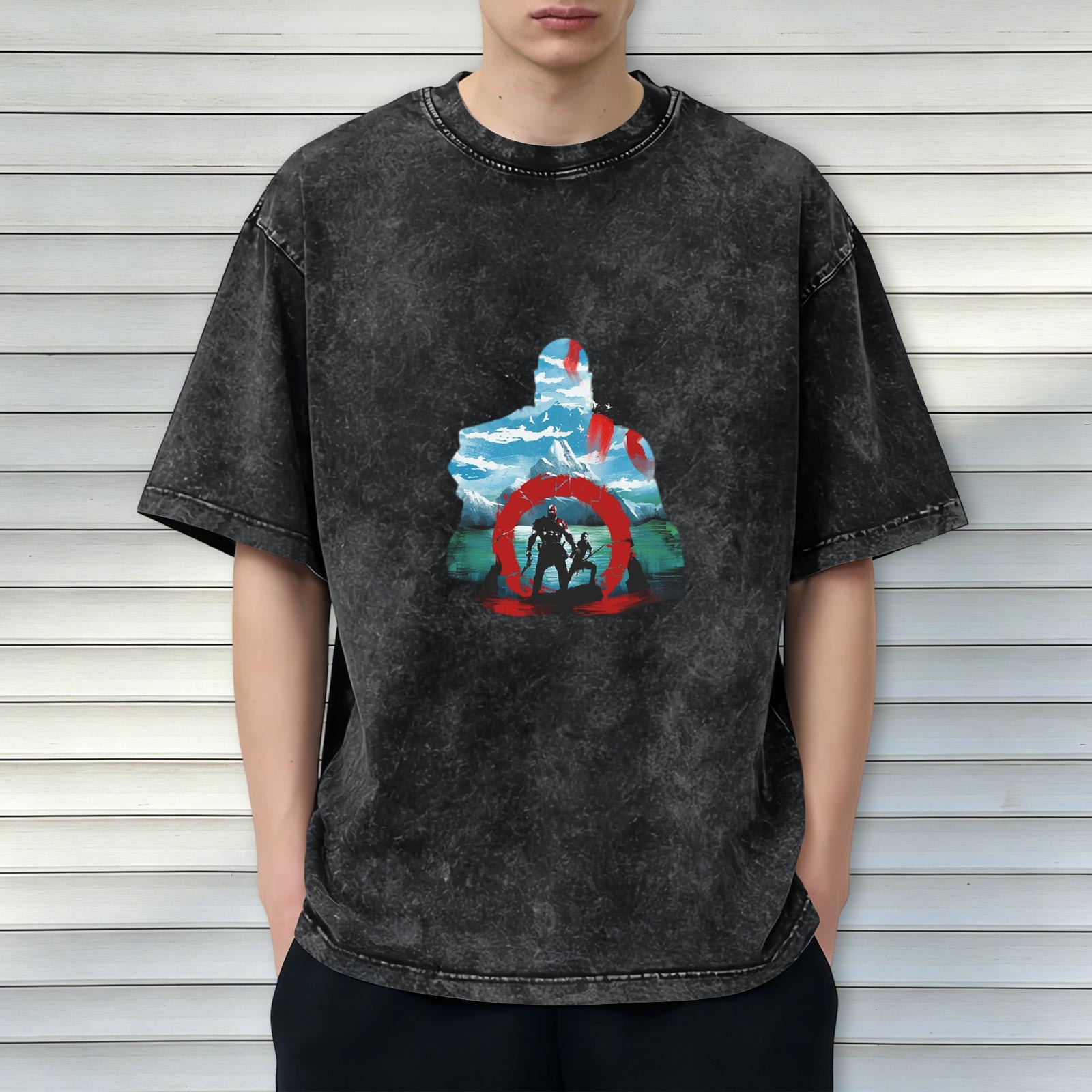 God of War themed distressed printed short-sleeved T-shirt, washed black loose style