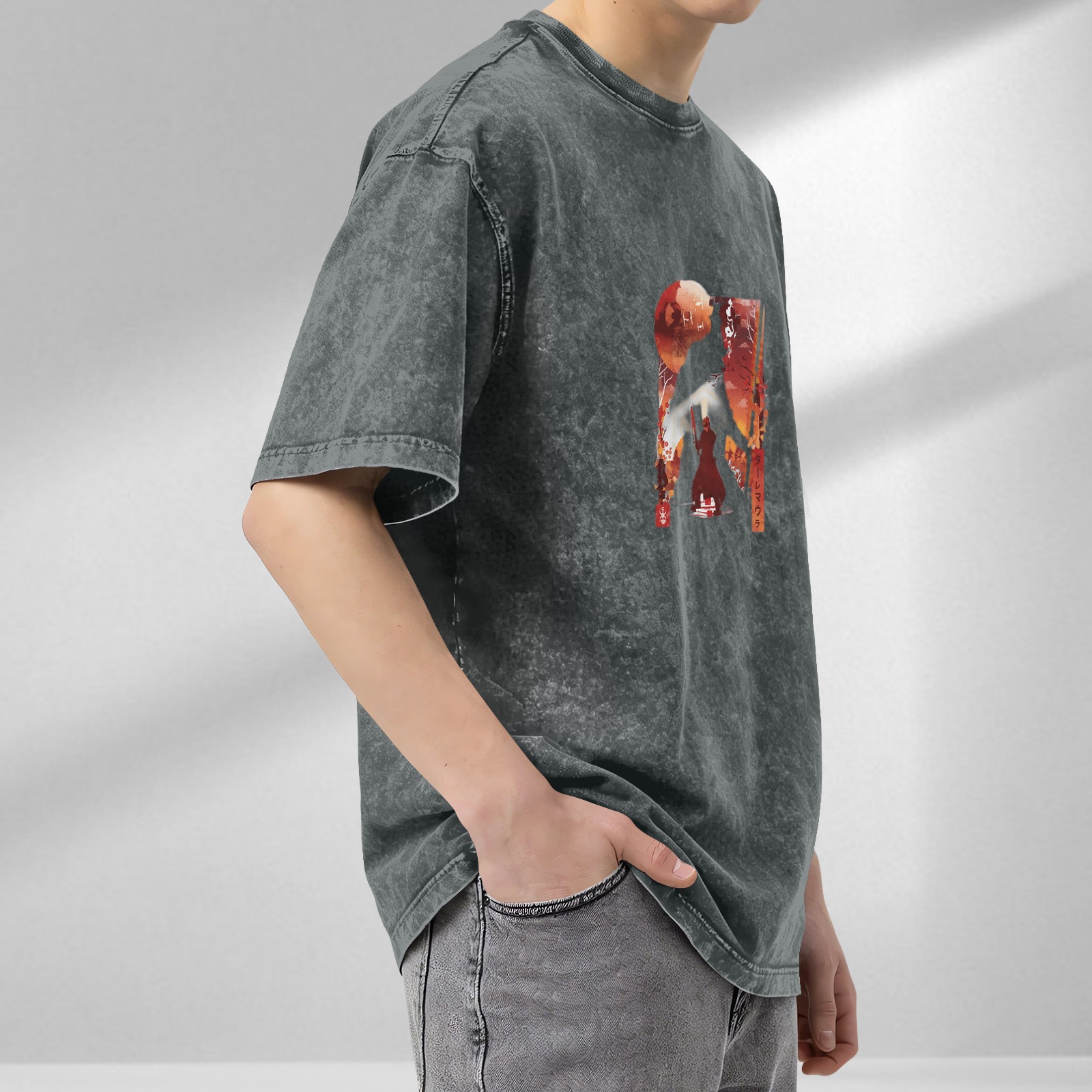Oversized Acid Wash T-Shirt With Japanese Themed Monster Art Print