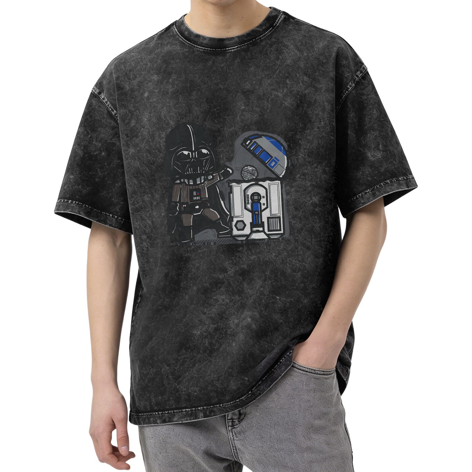 Star Wars Darth Vader & R2-D2 Graphic Acid Wash Cotton T-Shirt