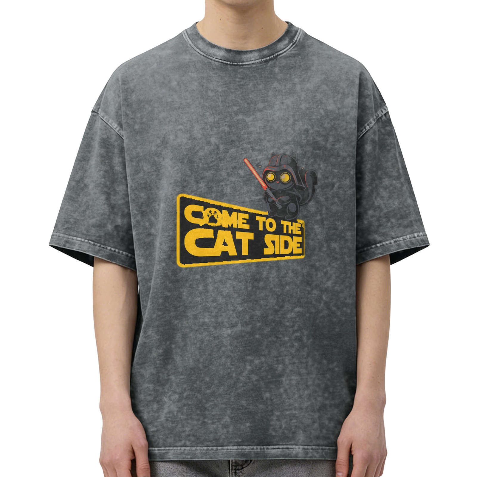 Come to the Cat Side Star Wars Parody Acid Wash Graphic T-Shirt