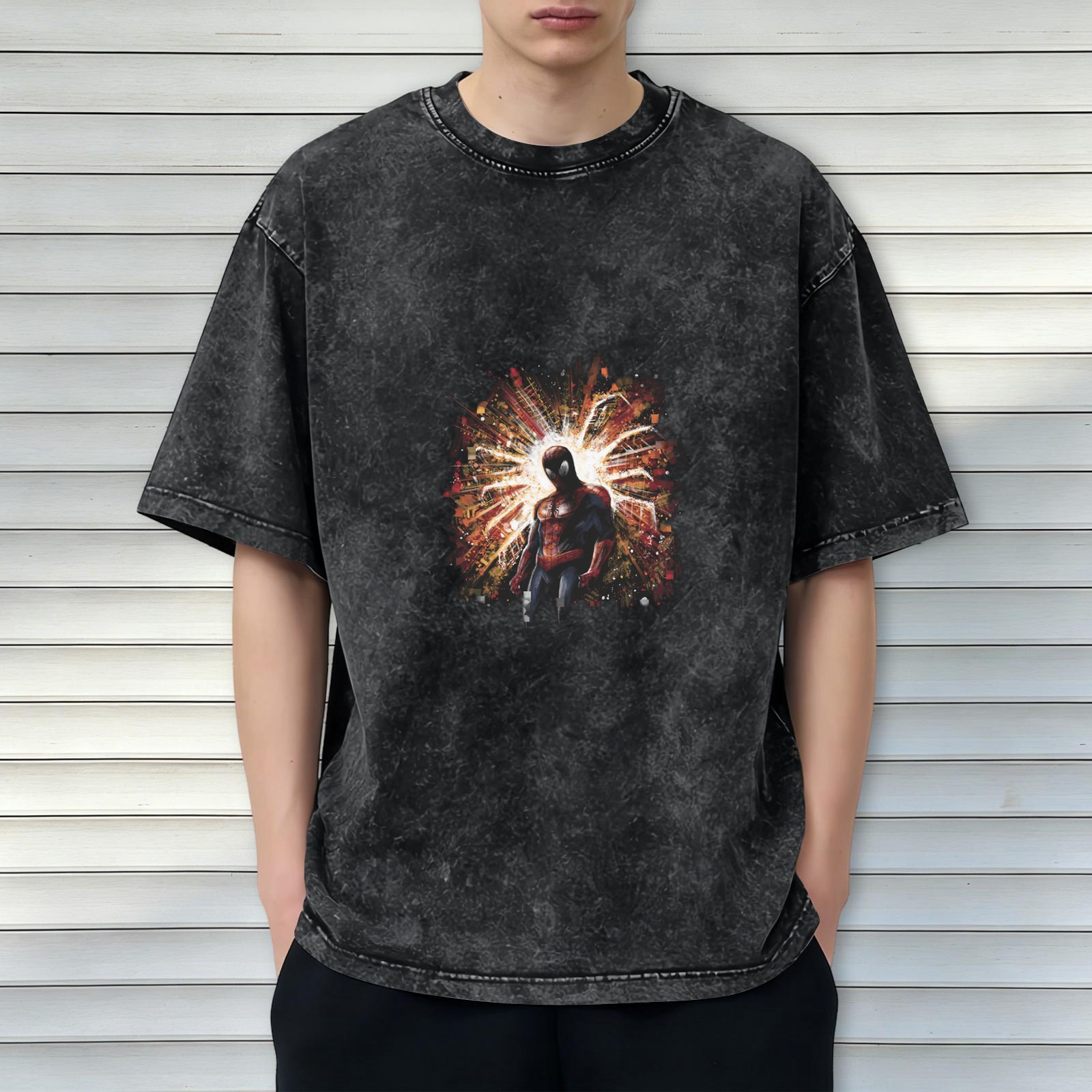 Oversized Acid Wash T-Shirt with Spider-Man Explosion Graphic