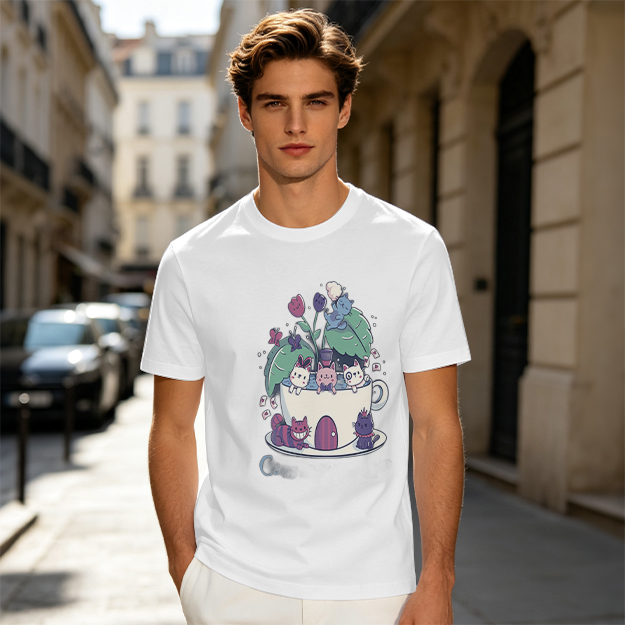 Olive T-Shirt With Whimsical Teacup Kitten Garden Print