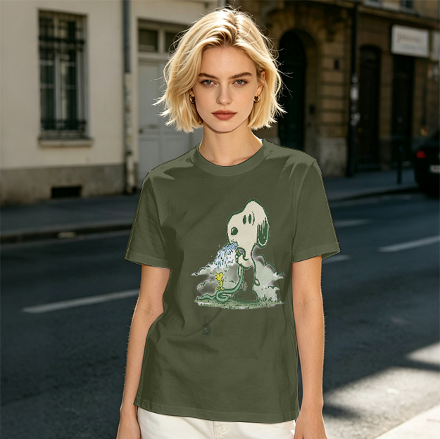 Olive T-shirt with Snoopy and Woodstock Watering Print