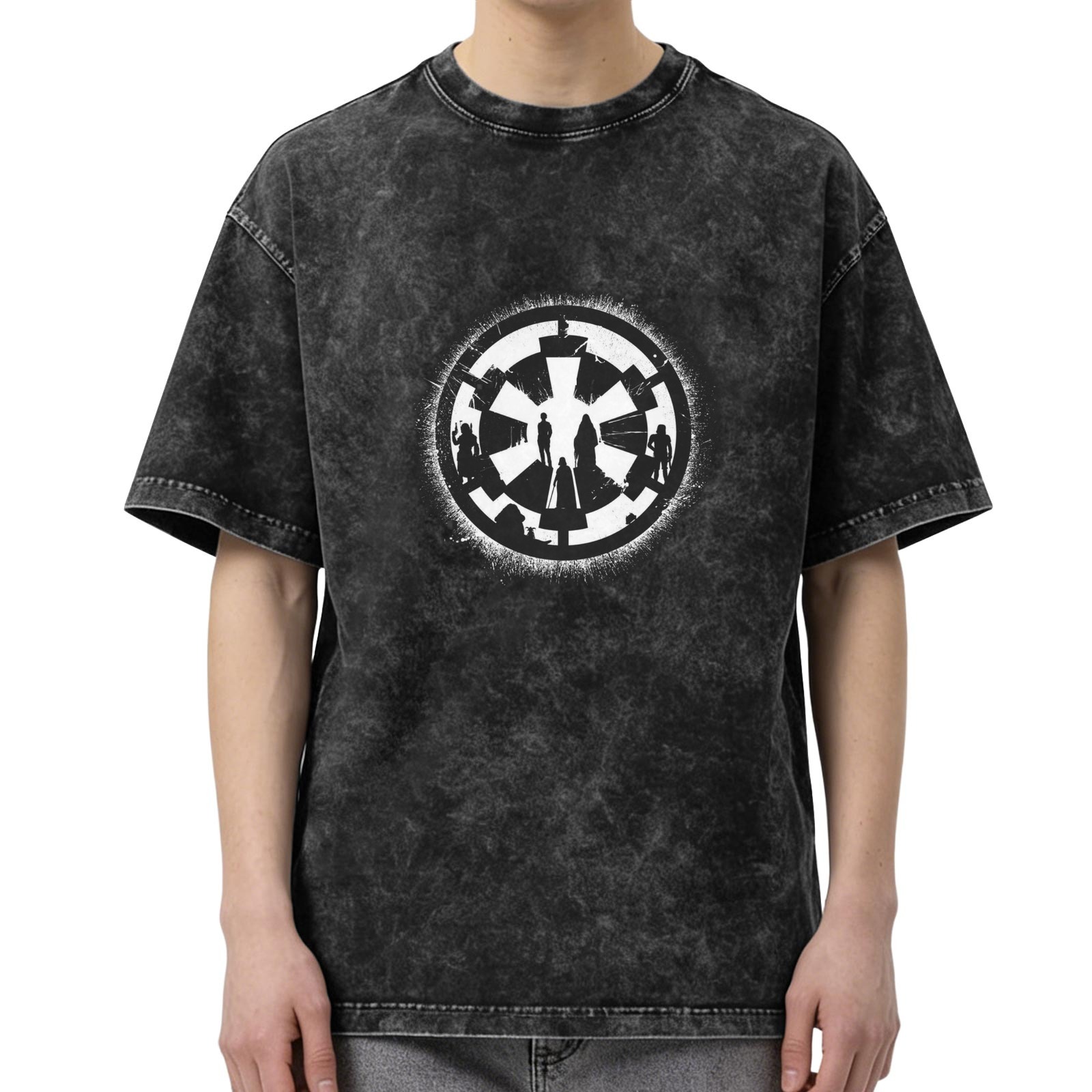 Distressed washed black round neck short-sleeved T-shirt Star Wars Galactic Empire logo themed print Loose casual top