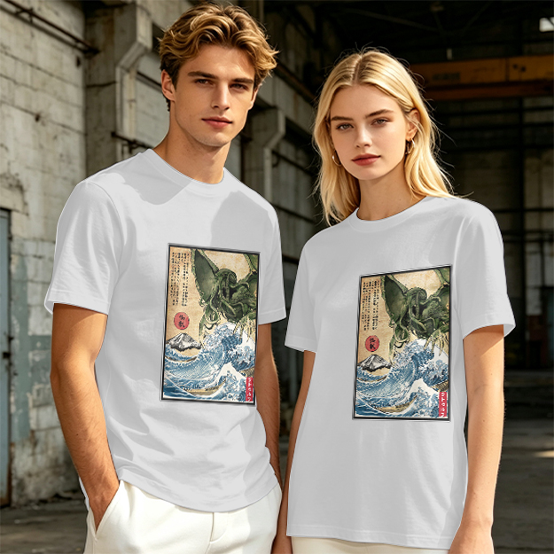 Olive T-shirt with Japanese ukiyo-e style Cthulhu wave print