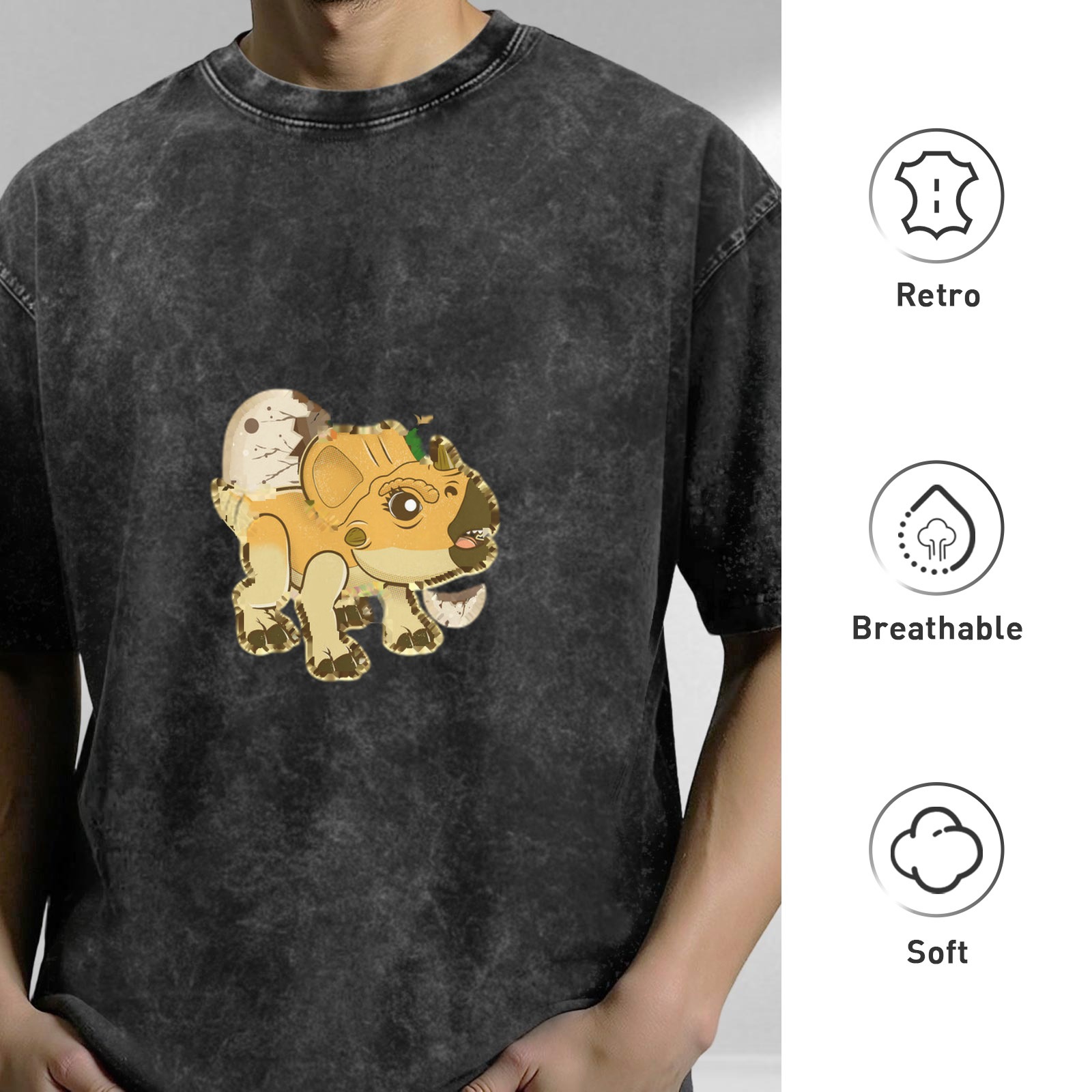 Washed Black T-Shirt With Cute Baby Triceratops Dinosaur Graphic