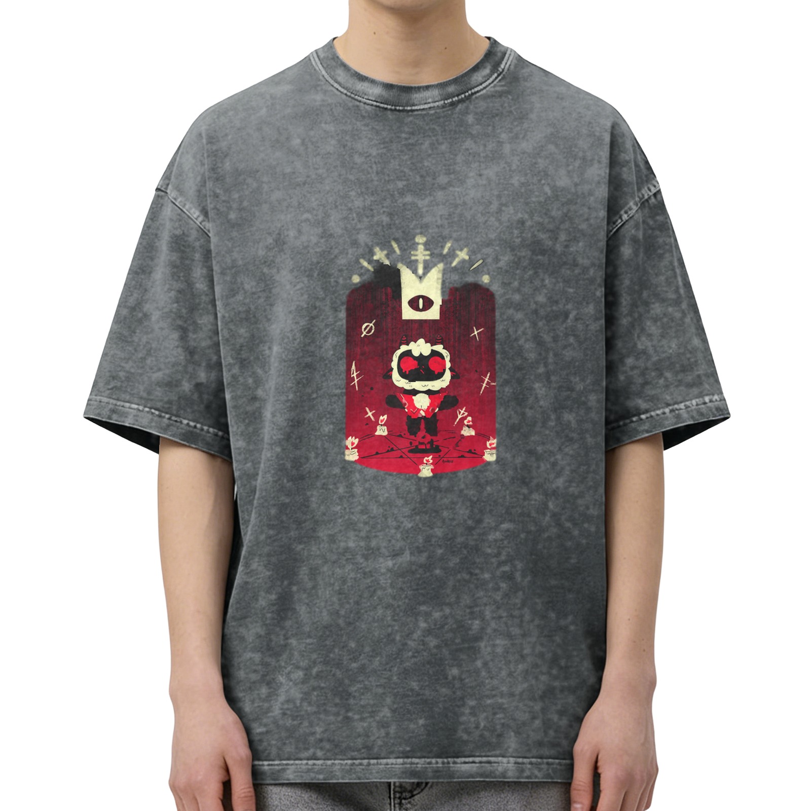Washed Black Graphic T-Shirt with Cult Lamb Dark Art Print