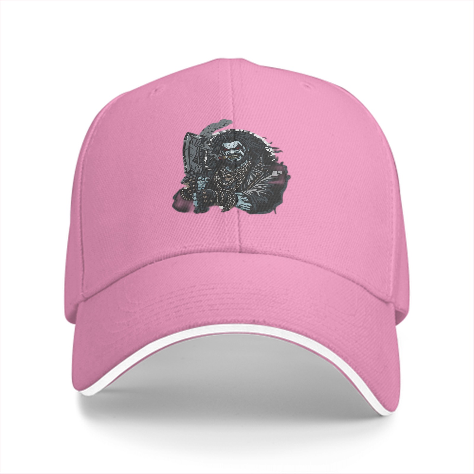 Black Baseball Cap With Tough Biker Character Graphic Print