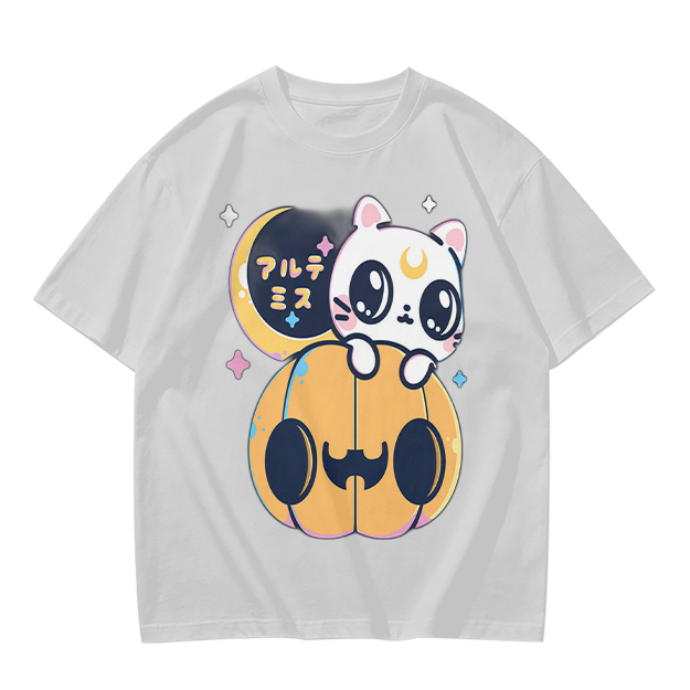 Cute white cat on jack-o'-lantern Halloween graphic tee