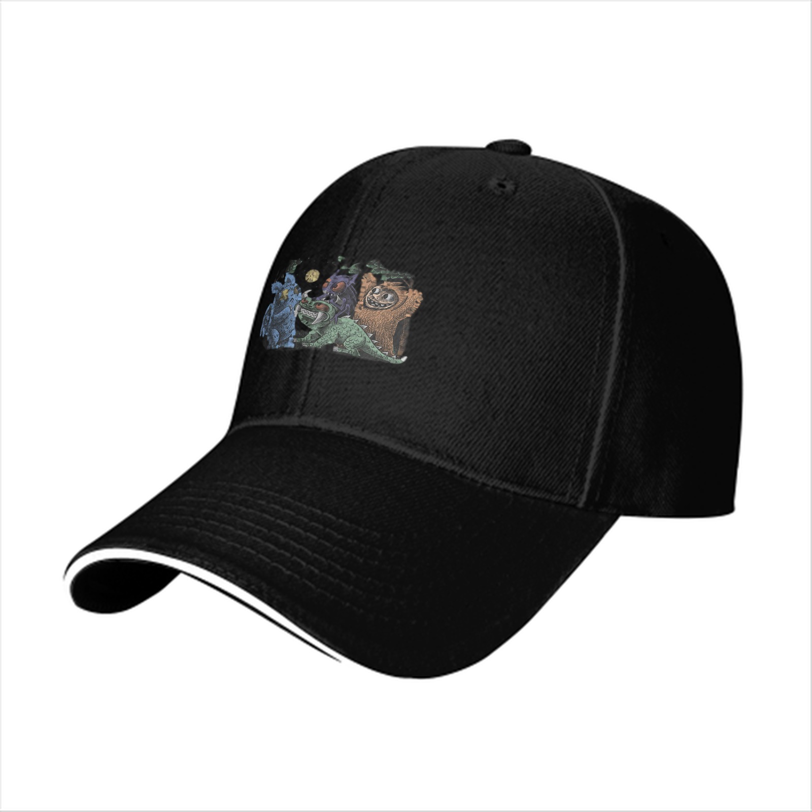 Black Baseball Cap with Fantasy Monster Creature Art Print