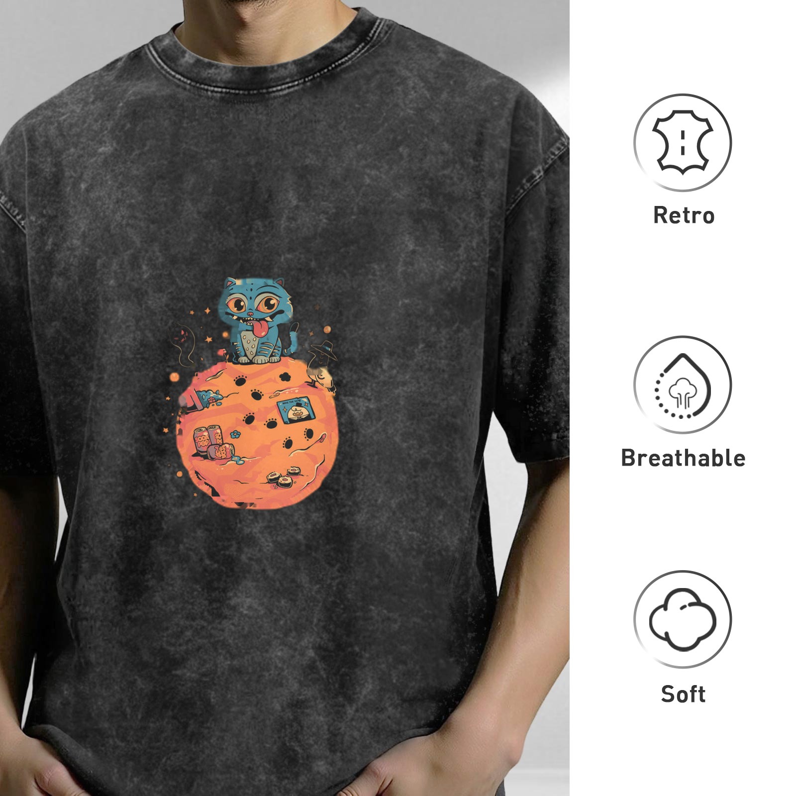 oversized black acid wash t-shirt with blue cat on orange planet graphic
