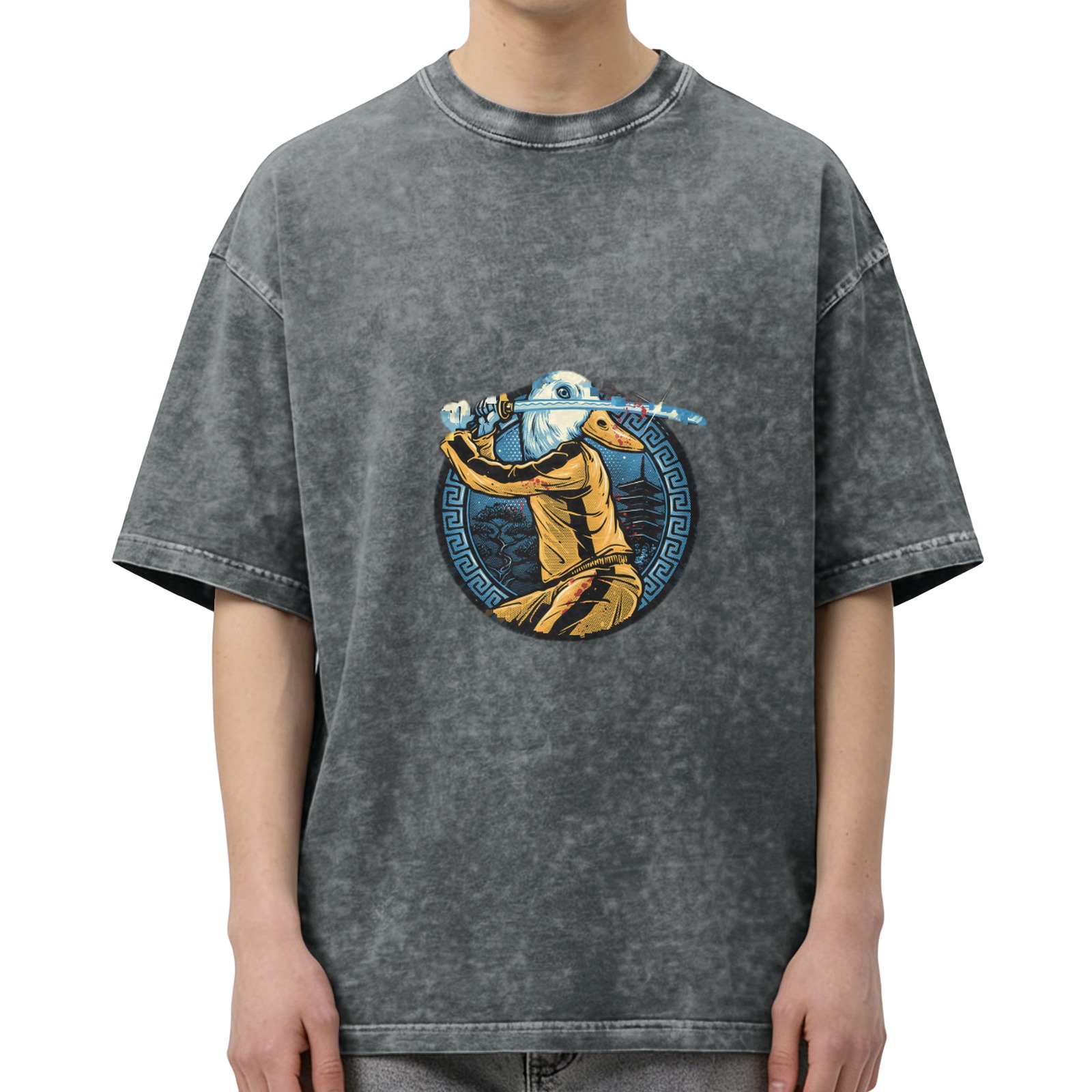 Oversized dark washed t-shirt with duck samurai katana graphic