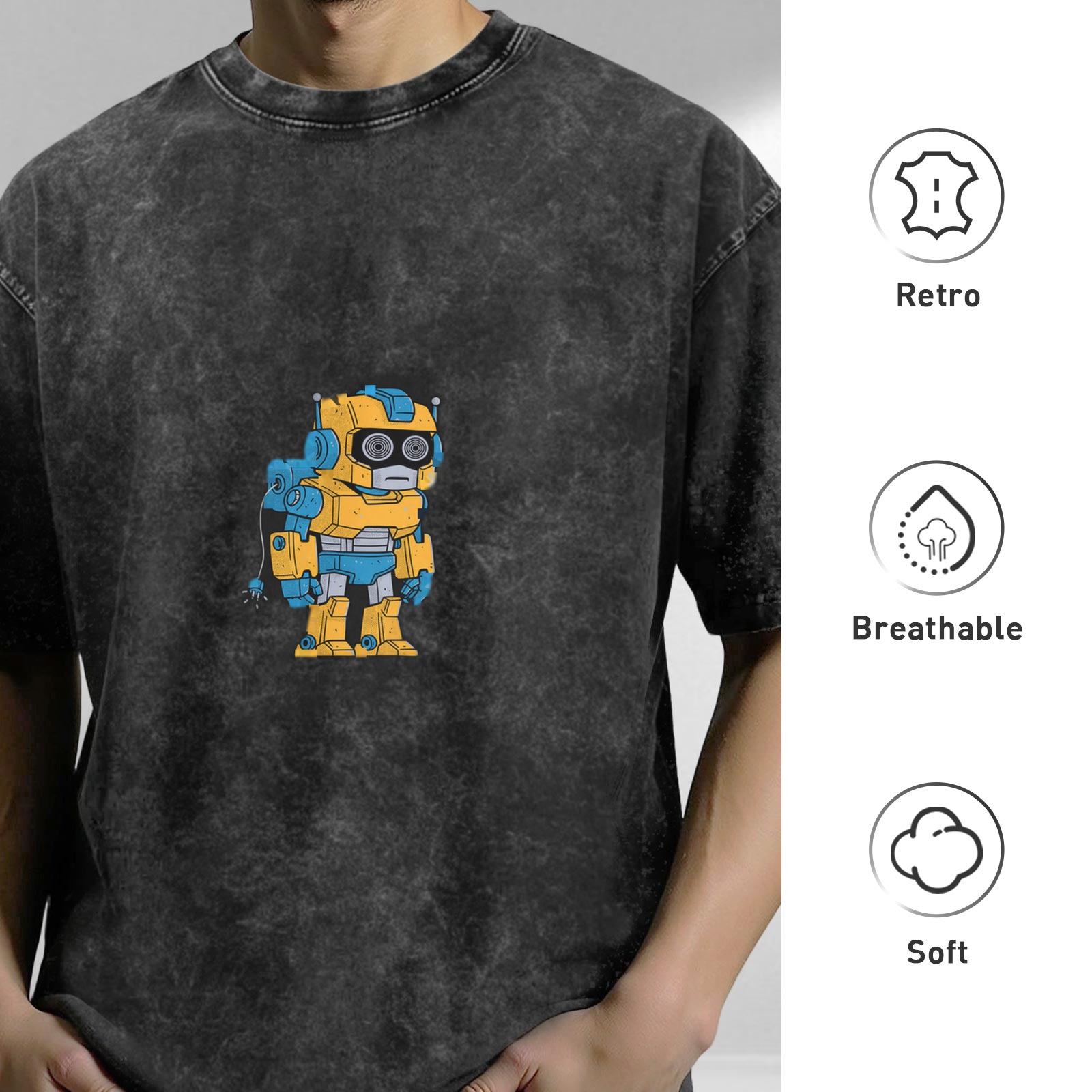 Oversized Acid Wash T-Shirt With Cute Yellow Robot Graphic