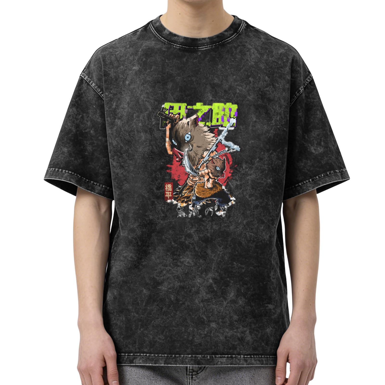 Oversized Washed Black Anime Graphic T-Shirt