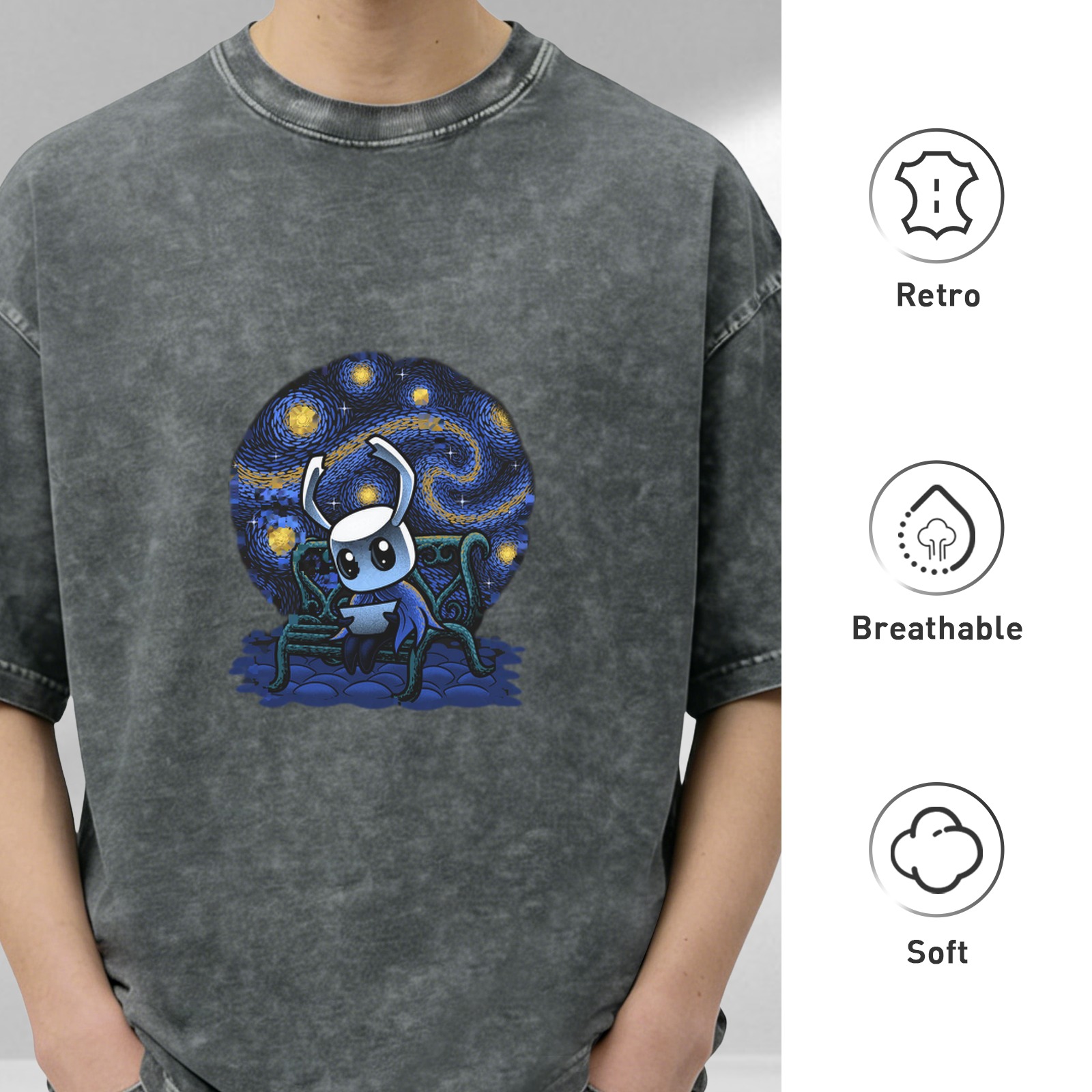Hollow Knight Starry Night Graphic Oversized Acid Wash T-Shirt