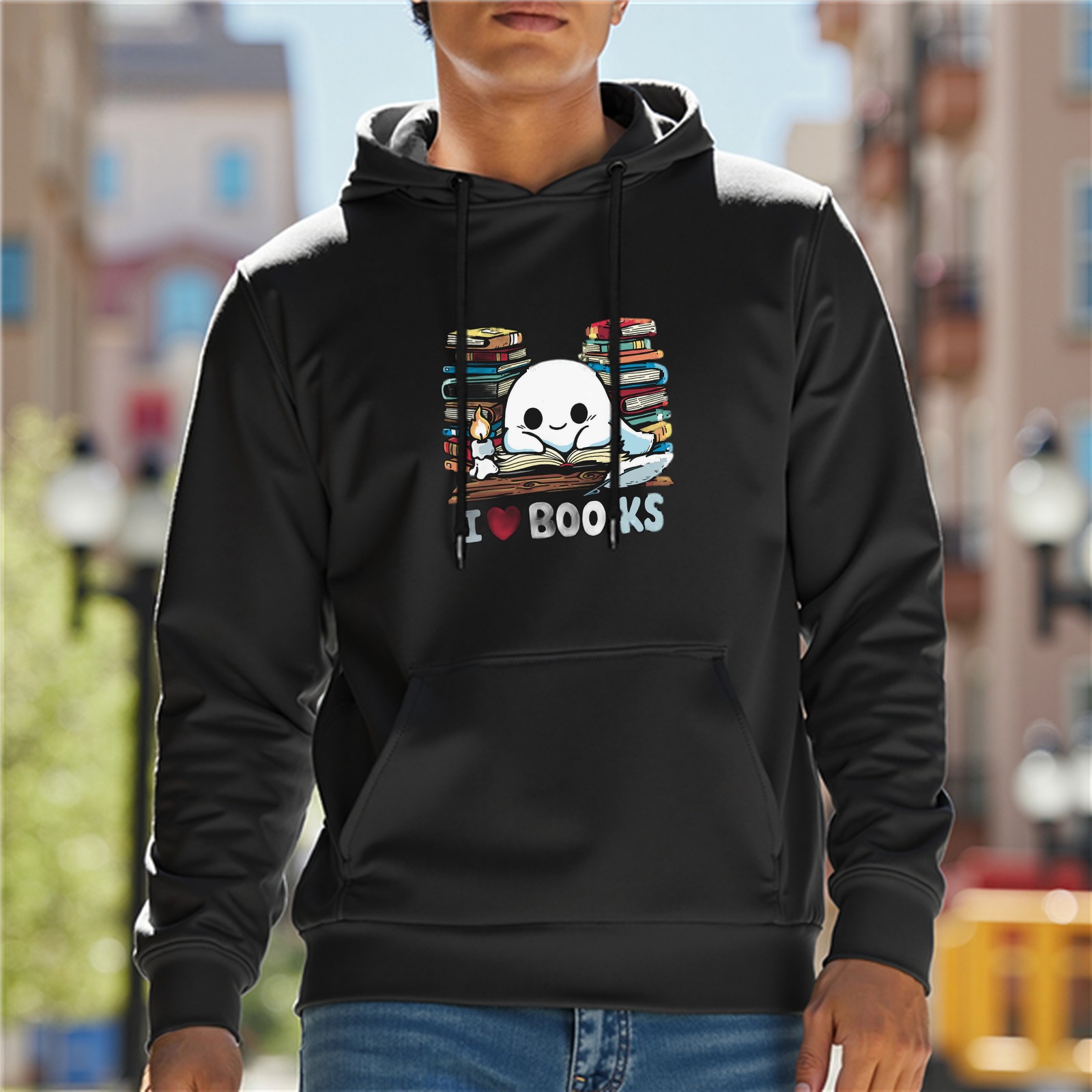 Black hoodie with cute ghost reading books graphic design