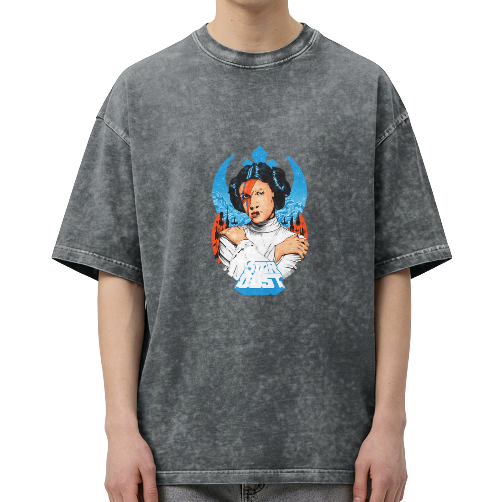 Washed Black T-Shirt with Princess Leia David Bowie Mashup Graphic