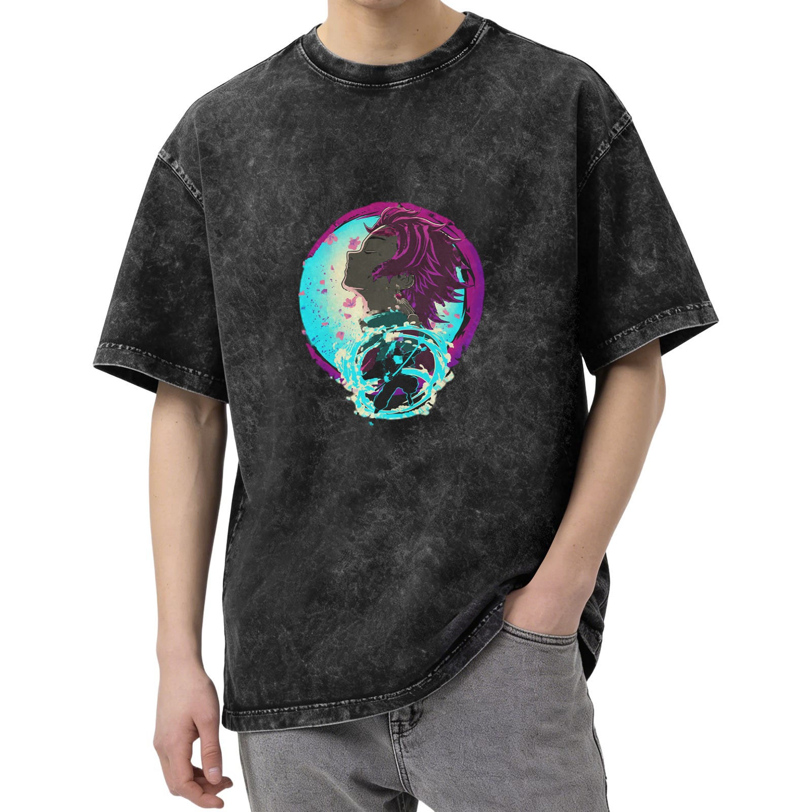 Oversized Washed Anime Demon Slayer Graphic T-Shirt
