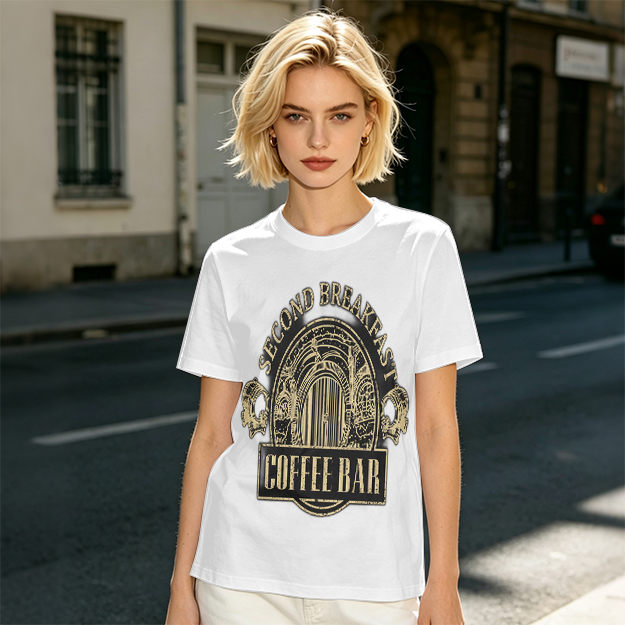 Olive Green T-Shirt with Second Breakfast Coffee Bar Graphic