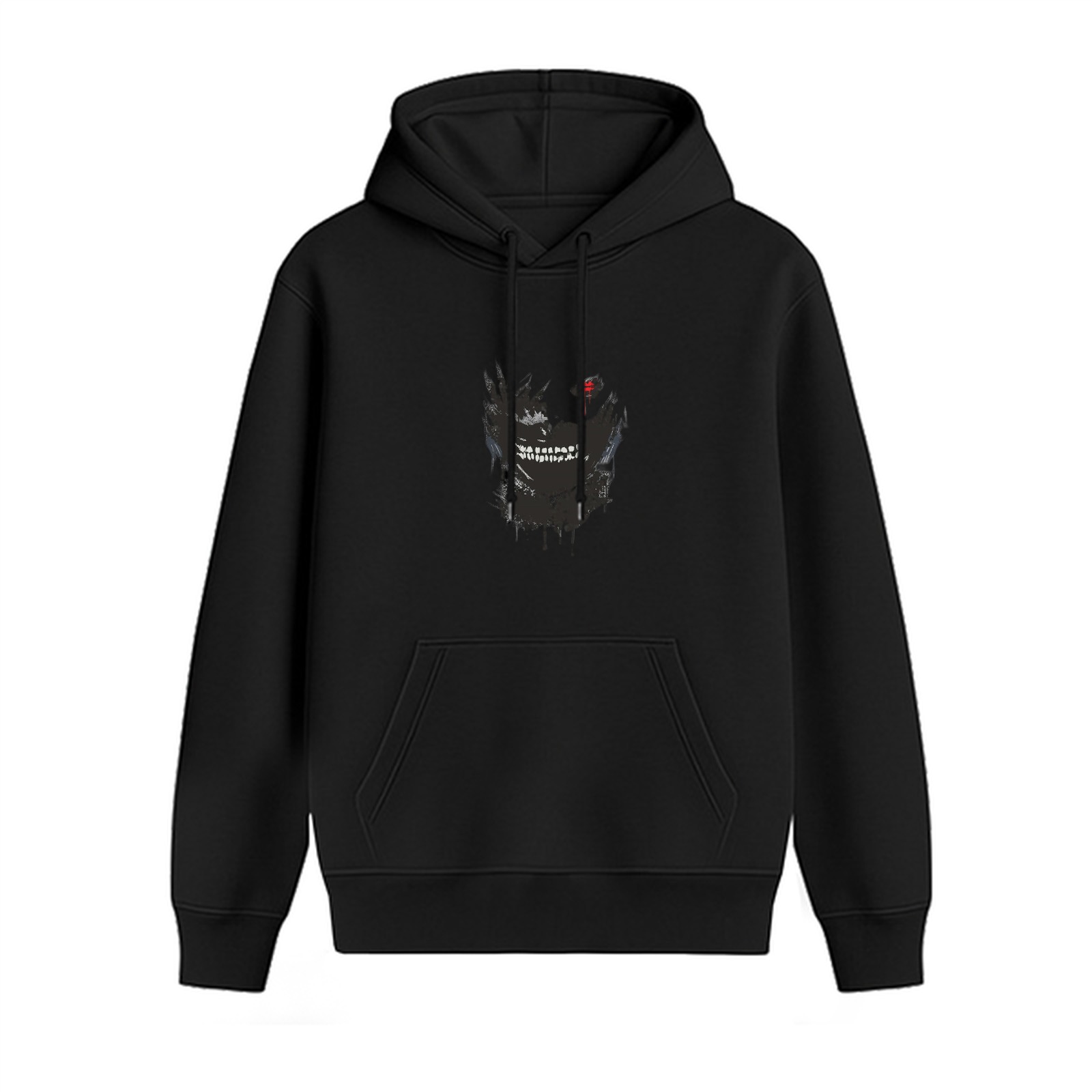 Black hoodie with stylized monster mask graphic print