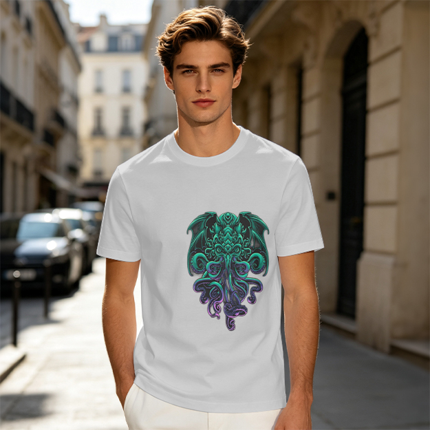 Olive Green T-Shirt With Cthulhu Octopus Dragon Graphic