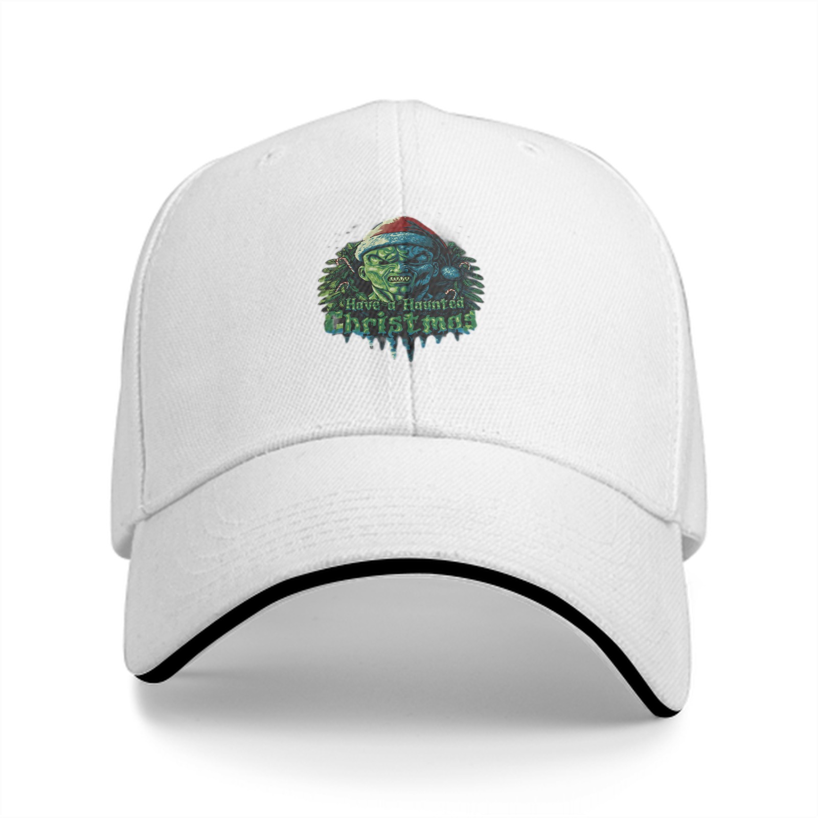 Black Baseball Cap With Haunted Christmas Monster Santa Design
