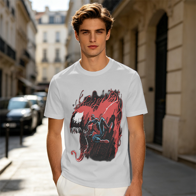 Olive T-shirt with Spider-Man and Symbiote Villain Graphic
