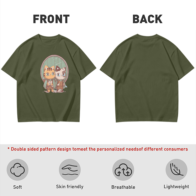 Olive Green T-Shirt With Cute Cat Fantasy Character Print