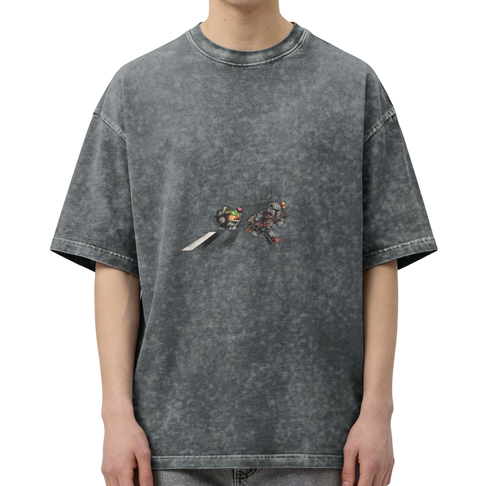 Washed Black T-Shirt with Cute Mandalorian and Child Crossing Graphic