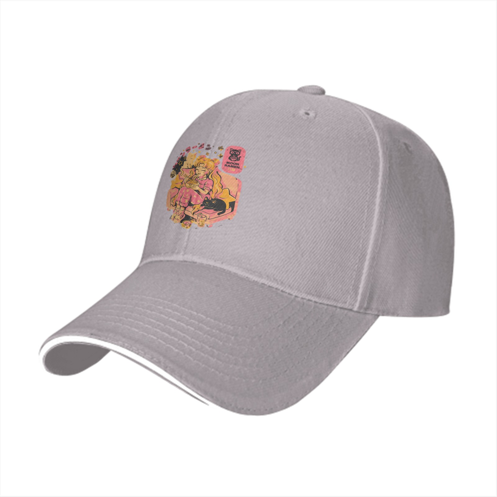 Black Baseball Cap with Anime Girl Eating Ramen Print