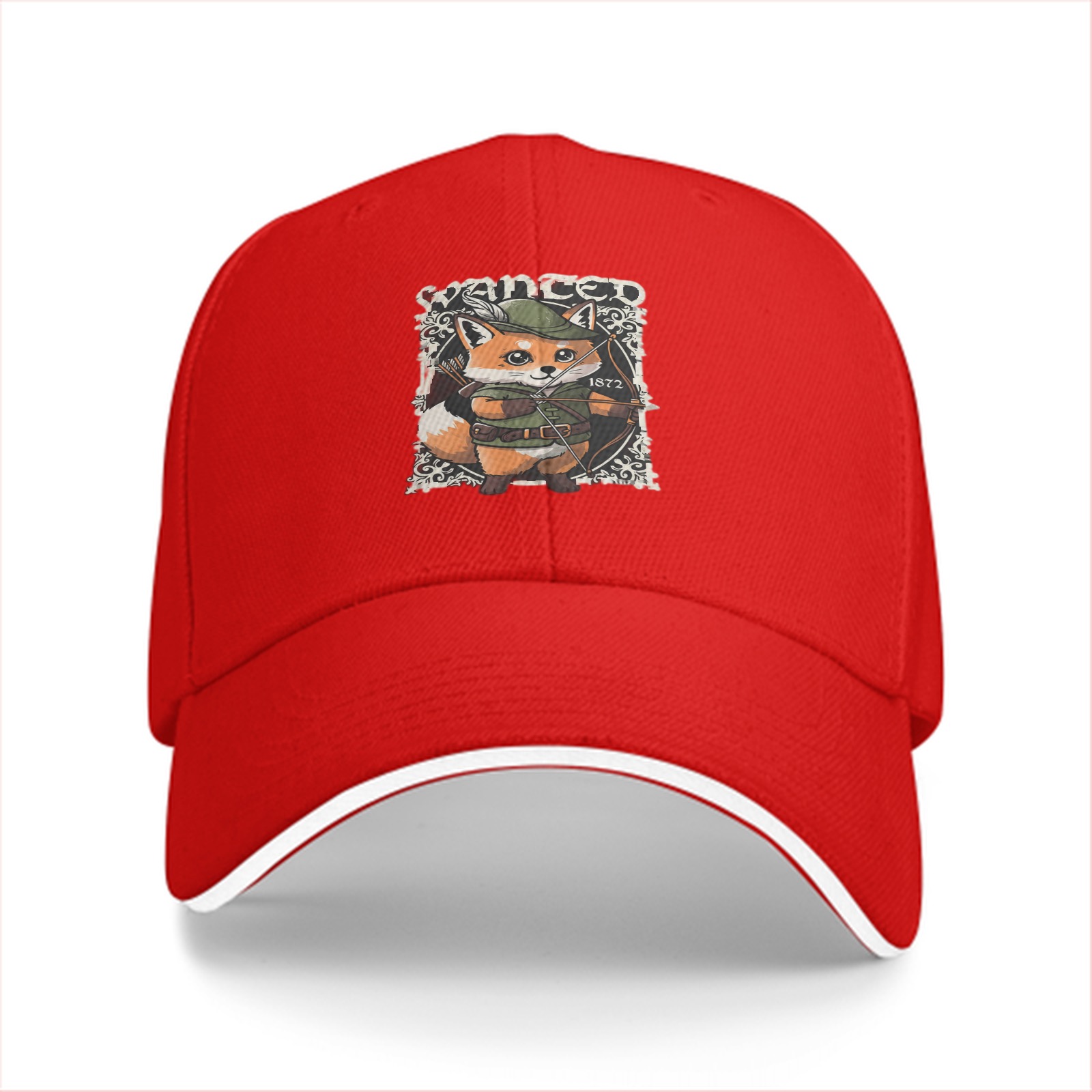 Black baseball cap with cute fox archer wanted print