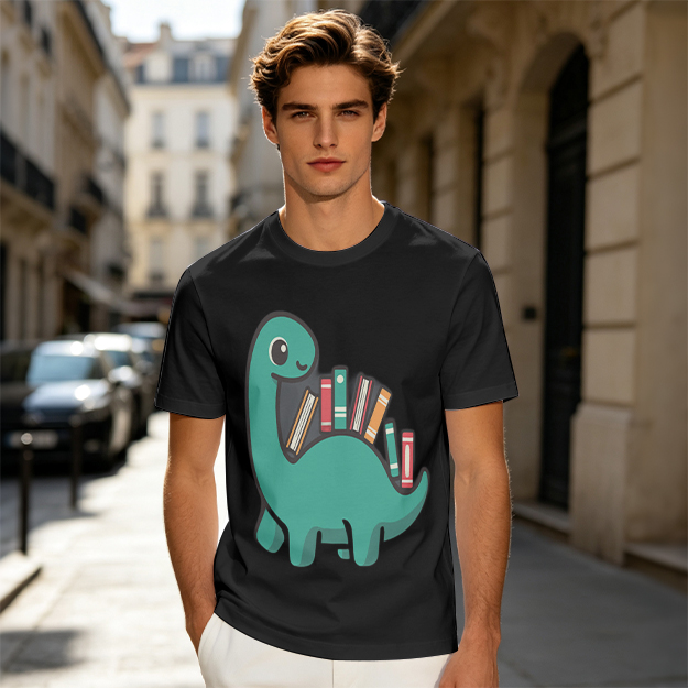 Olive T-shirt with cute dinosaur carrying books graphic